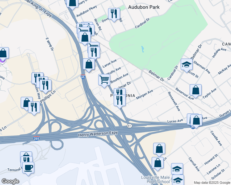 map of restaurants, bars, coffee shops, grocery stores, and more near 1200 Belmar Drive in Louisville