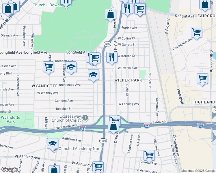 map of restaurants, bars, coffee shops, grocery stores, and more near 4214 South 3rd Street in Louisville
