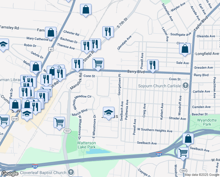 map of restaurants, bars, coffee shops, grocery stores, and more near 3548 Georgetown Circle in Louisville