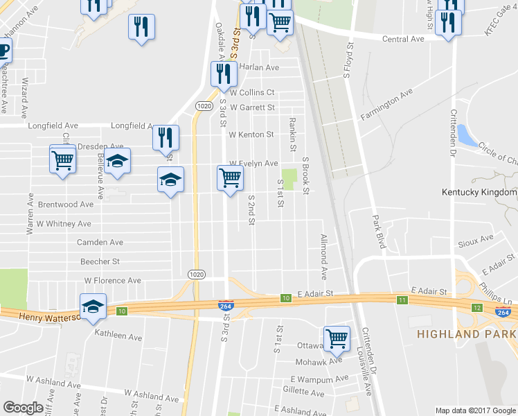 map of restaurants, bars, coffee shops, grocery stores, and more near 4213 South 2nd Street in Louisville