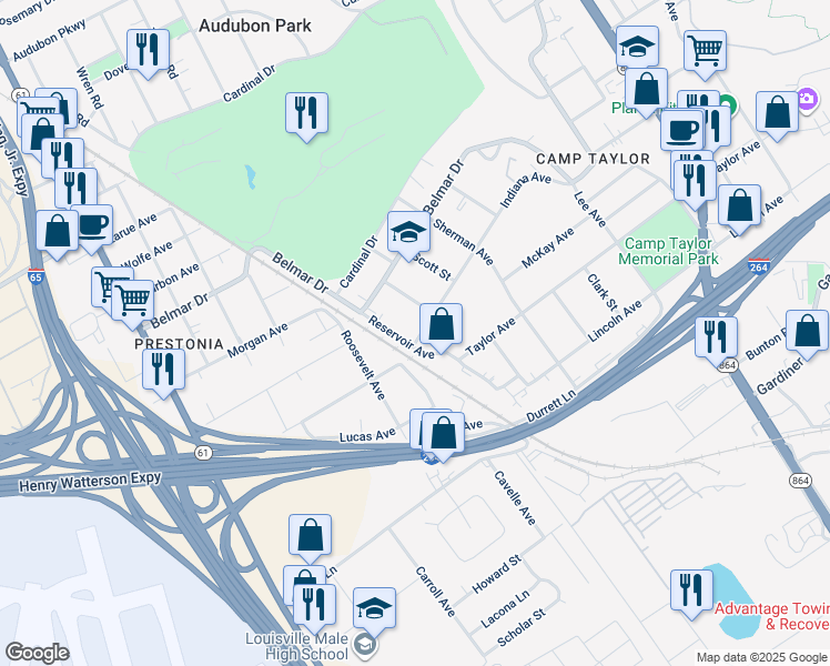 map of restaurants, bars, coffee shops, grocery stores, and more near 1407 Indiana Avenue in Louisville