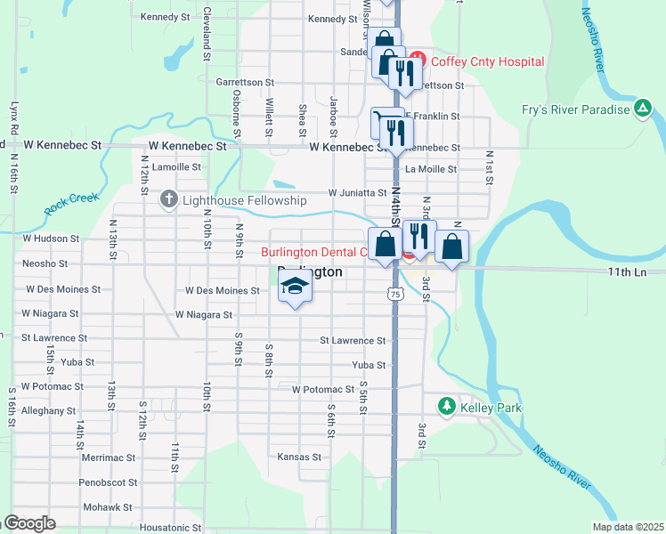 map of restaurants, bars, coffee shops, grocery stores, and more near 601 Neosho Street in Burlington