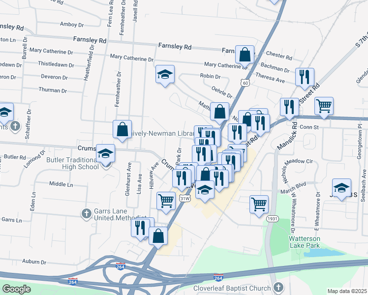 map of restaurants, bars, coffee shops, grocery stores, and more near 3931 Park Drive in Louisville