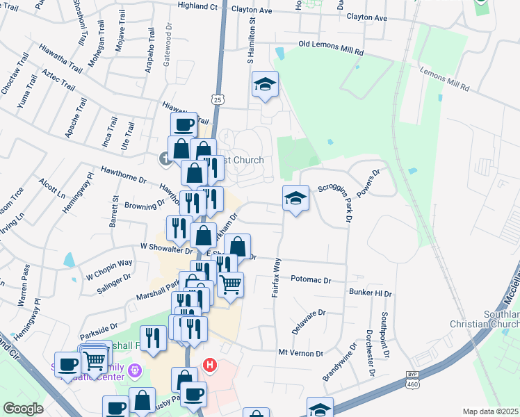 map of restaurants, bars, coffee shops, grocery stores, and more near 220 Markham Drive in Georgetown