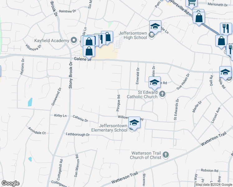 map of restaurants, bars, coffee shops, grocery stores, and more near 9207 North Pirogue Court in Louisville