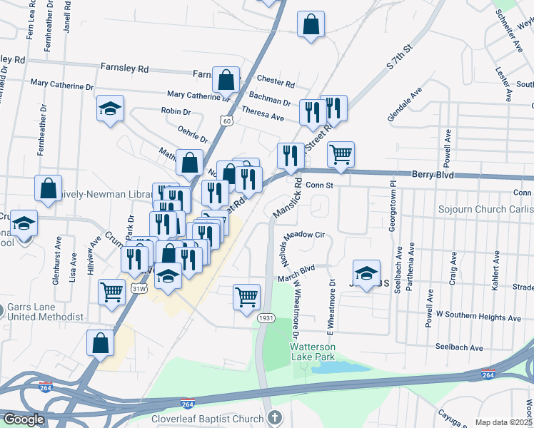 map of restaurants, bars, coffee shops, grocery stores, and more near 3628 Elderwood Way in Louisville