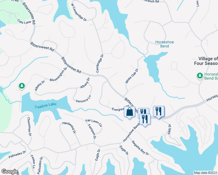 map of restaurants, bars, coffee shops, grocery stores, and more near 370 Bittersweet Road in Village of Four Seasons
