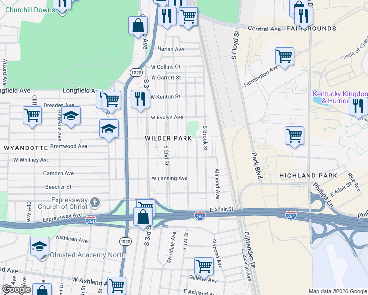map of restaurants, bars, coffee shops, grocery stores, and more near 4212 South 1st Street in Louisville