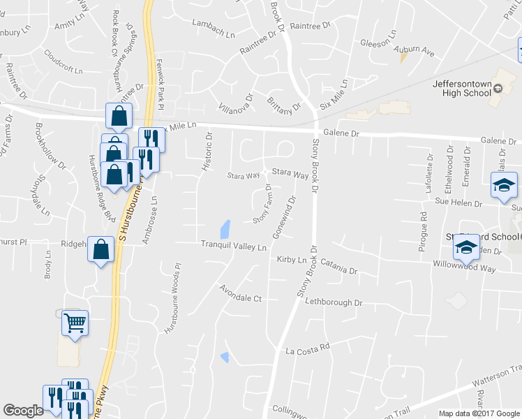 map of restaurants, bars, coffee shops, grocery stores, and more near 3414 Stony Farm Drive in Louisville