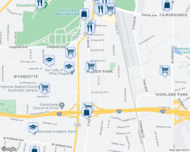 map of restaurants, bars, coffee shops, grocery stores, and more near 4206R South 2nd Street in Louisville