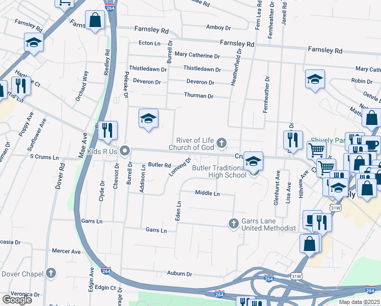 map of restaurants, bars, coffee shops, grocery stores, and more near Crums Lane in Louisville