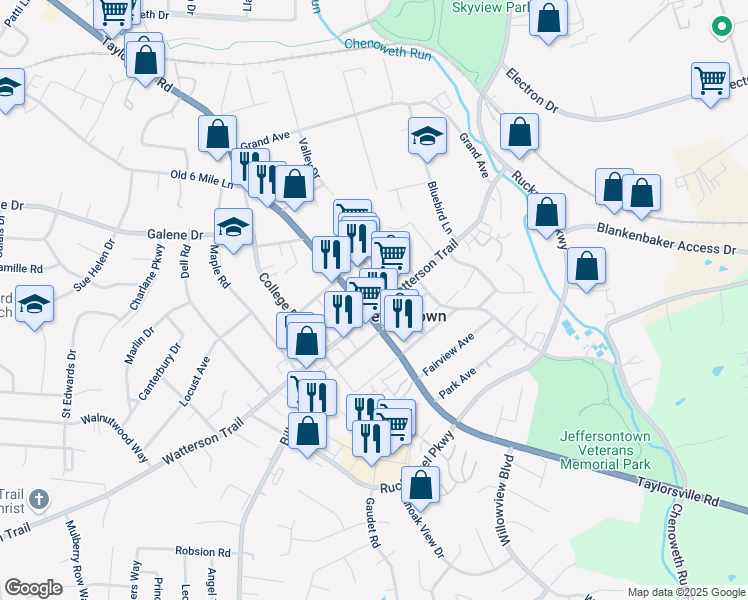 map of restaurants, bars, coffee shops, grocery stores, and more near 10318 Taylorsville Road in Louisville