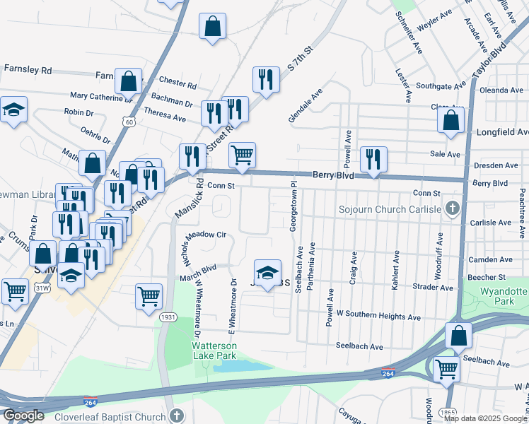 map of restaurants, bars, coffee shops, grocery stores, and more near 3548 Georgetown Circle in Louisville