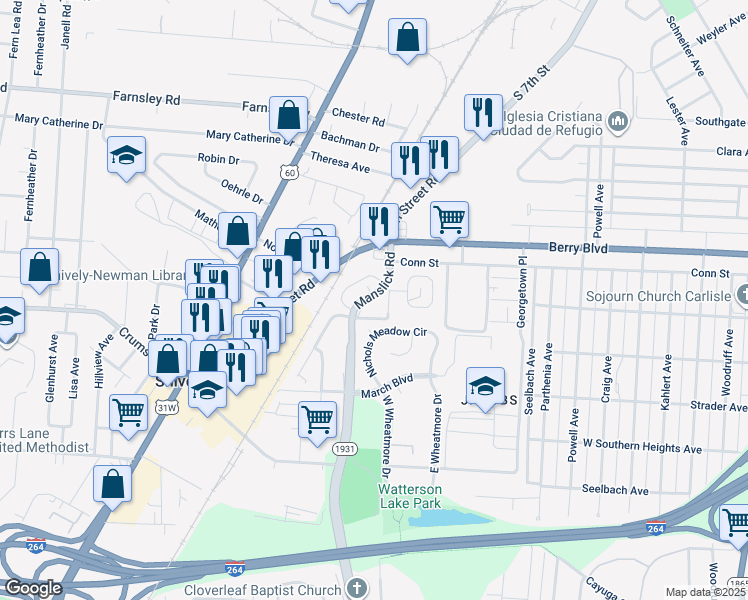 map of restaurants, bars, coffee shops, grocery stores, and more near 3607 Manslick Road in Louisville