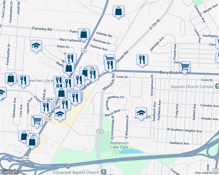 map of restaurants, bars, coffee shops, grocery stores, and more near 3601 Manslick Road in Louisville