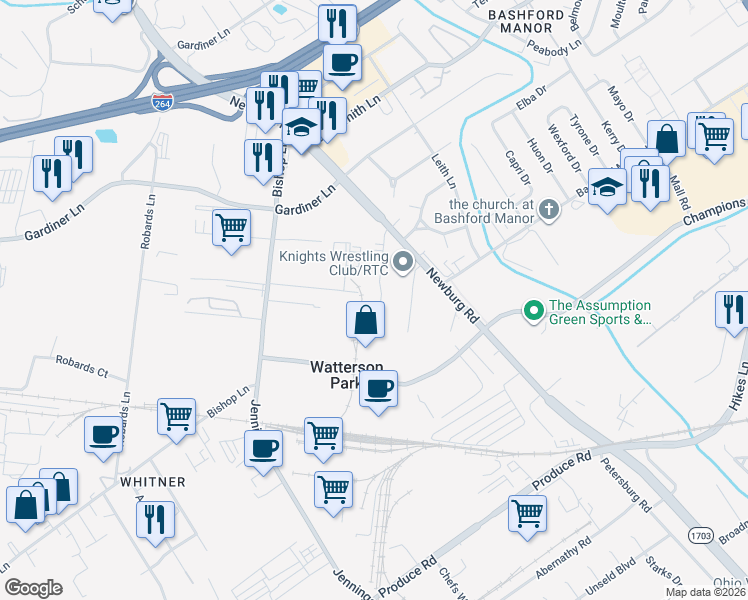 map of restaurants, bars, coffee shops, grocery stores, and more near 1708 Larkmoor Lane in Louisville