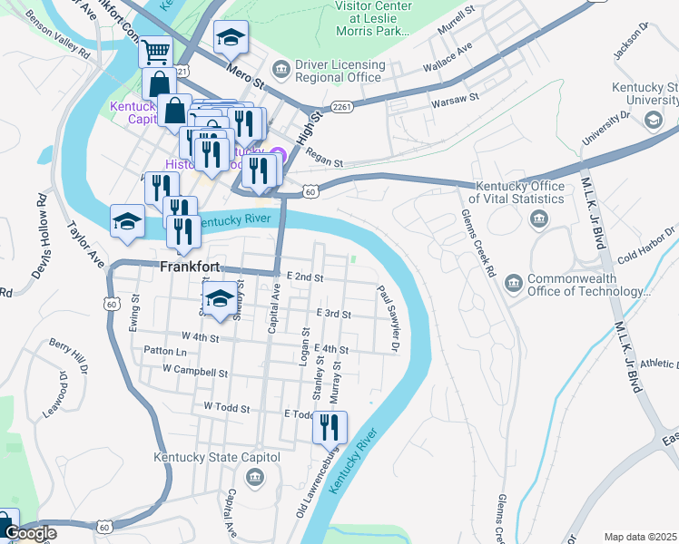 map of restaurants, bars, coffee shops, grocery stores, and more near 232 East 2nd Street in Frankfort