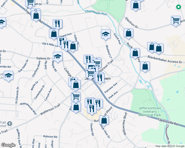 map of restaurants, bars, coffee shops, grocery stores, and more near 10513 Watterson Trail in Jeffersontown