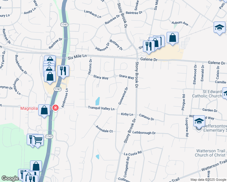 map of restaurants, bars, coffee shops, grocery stores, and more near 3414 Stony Farm Drive in Louisville