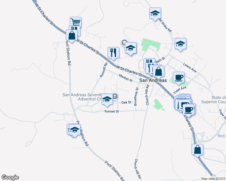 map of restaurants, bars, coffee shops, grocery stores, and more near 361 Mariposa Street in San Andreas