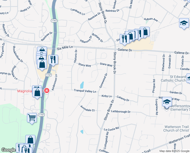 map of restaurants, bars, coffee shops, grocery stores, and more near 3414 Stony Farm Drive in Louisville
