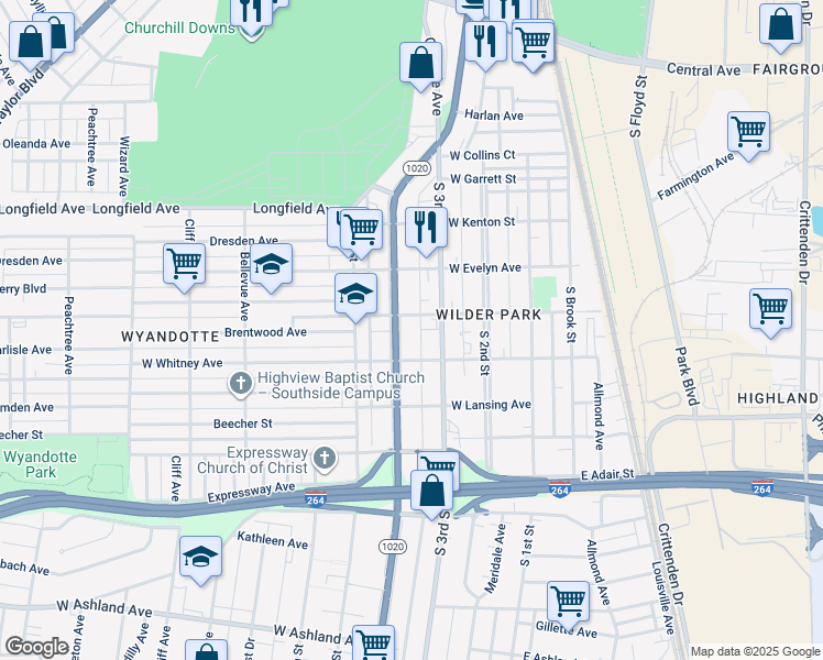 map of restaurants, bars, coffee shops, grocery stores, and more near 4214 South 3rd Street in Louisville