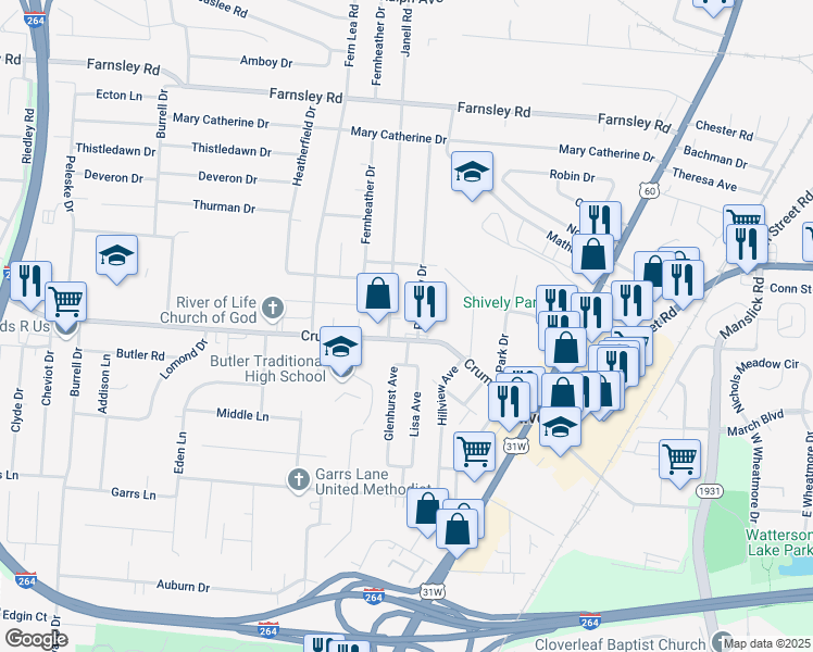 map of restaurants, bars, coffee shops, grocery stores, and more near in Shively