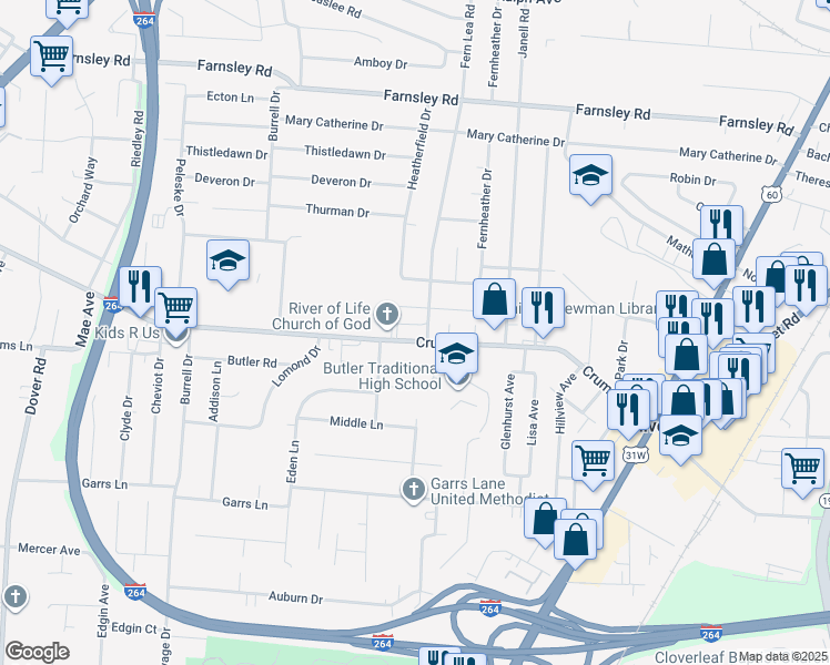 map of restaurants, bars, coffee shops, grocery stores, and more near in Shively