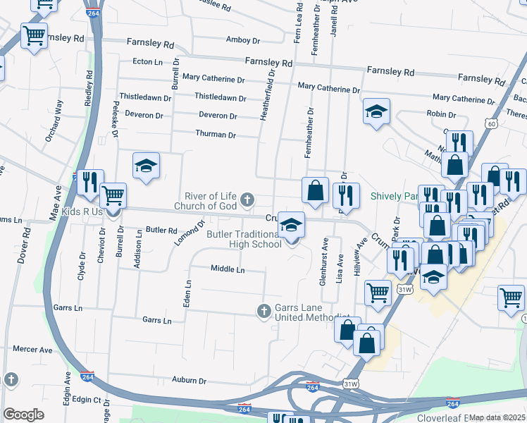 map of restaurants, bars, coffee shops, grocery stores, and more near 2262 Crums Lane in Louisville