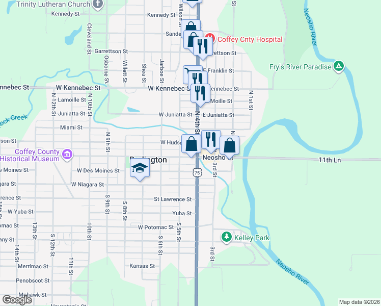map of restaurants, bars, coffee shops, grocery stores, and more near 405 Neosho Street in Burlington