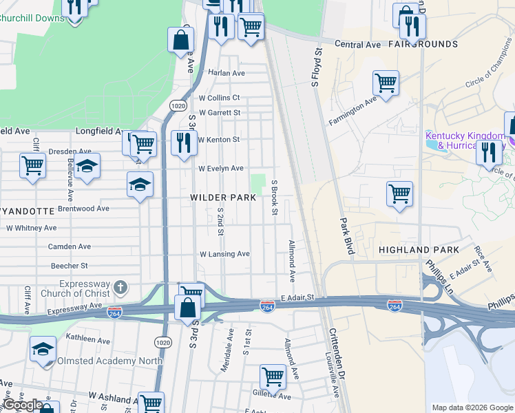 map of restaurants, bars, coffee shops, grocery stores, and more near 4213 South 1st Street in Louisville