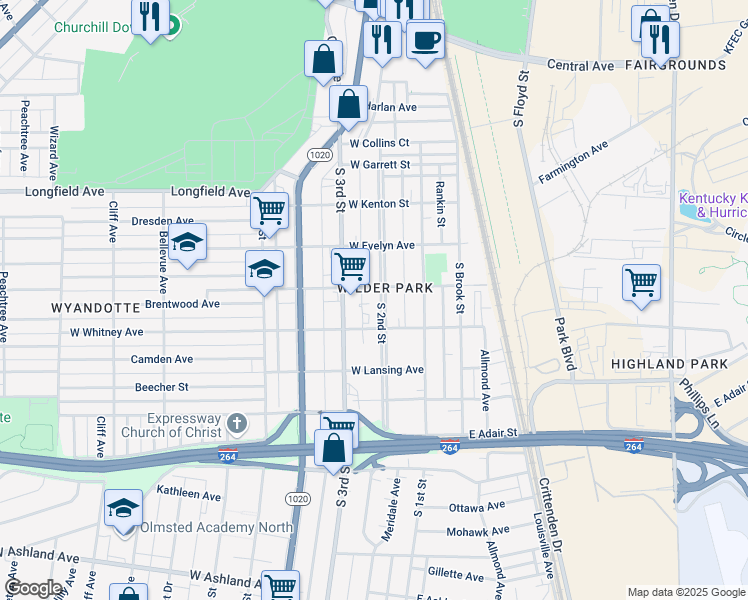 map of restaurants, bars, coffee shops, grocery stores, and more near 4204 South 2nd Street in Louisville