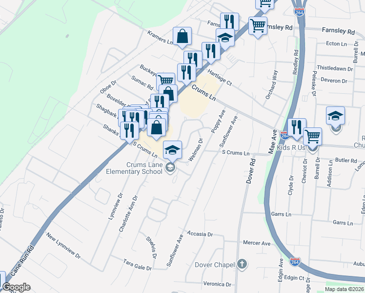 map of restaurants, bars, coffee shops, grocery stores, and more near 4219 Southern Farm Boulevard in Louisville