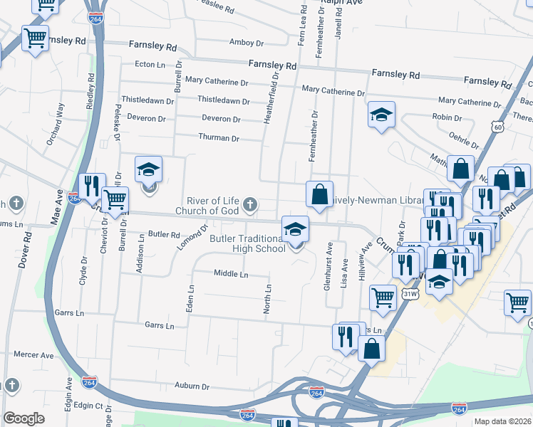 map of restaurants, bars, coffee shops, grocery stores, and more near 2262 Crums Lane in Louisville