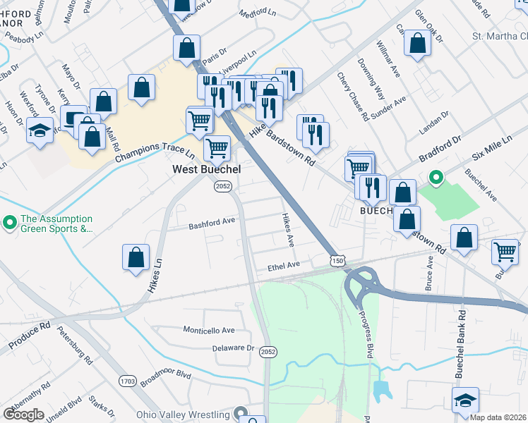 map of restaurants, bars, coffee shops, grocery stores, and more near 3702 Bashford Avenue in Louisville
