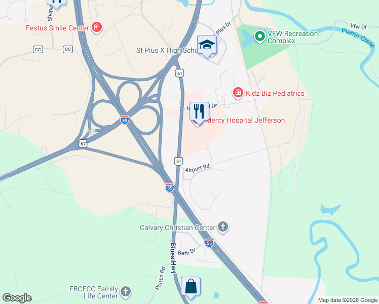 map of restaurants, bars, coffee shops, grocery stores, and more near 1420 U.S. 61 in Festus