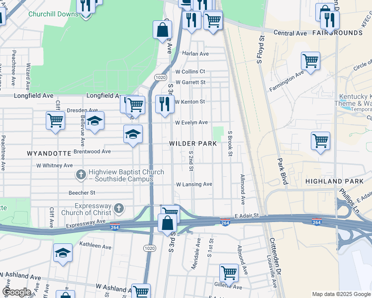 map of restaurants, bars, coffee shops, grocery stores, and more near 4206R South 2nd Street in Louisville