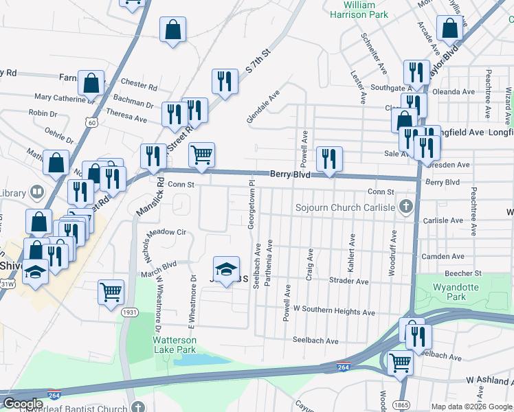 map of restaurants, bars, coffee shops, grocery stores, and more near 3600 Parthenia Avenue in Louisville