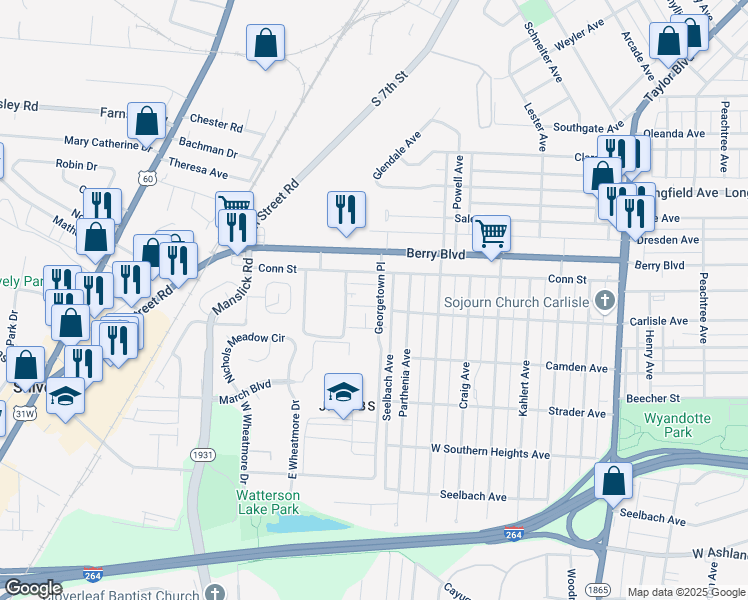 map of restaurants, bars, coffee shops, grocery stores, and more near 1704 Liberty Bell Way in Louisville