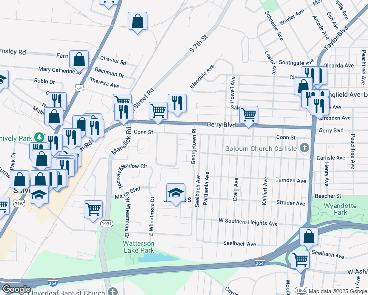 map of restaurants, bars, coffee shops, grocery stores, and more near 1704 Liberty Bell Way in Louisville