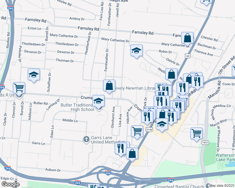 map of restaurants, bars, coffee shops, grocery stores, and more near in Shively