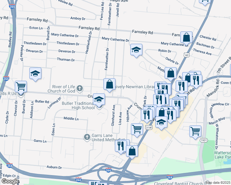 map of restaurants, bars, coffee shops, grocery stores, and more near in Shively