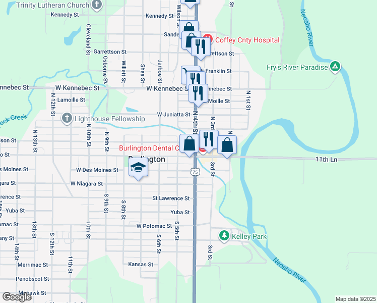 map of restaurants, bars, coffee shops, grocery stores, and more near 405 Neosho Street in Burlington