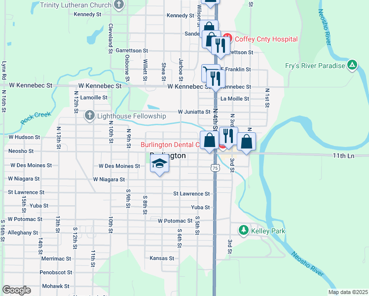 map of restaurants, bars, coffee shops, grocery stores, and more near 601-699 Neosho Street in Burlington