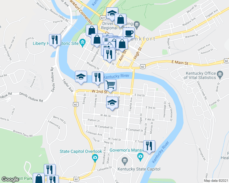 map of restaurants, bars, coffee shops, grocery stores, and more near 214 West 2nd Street in Frankfort