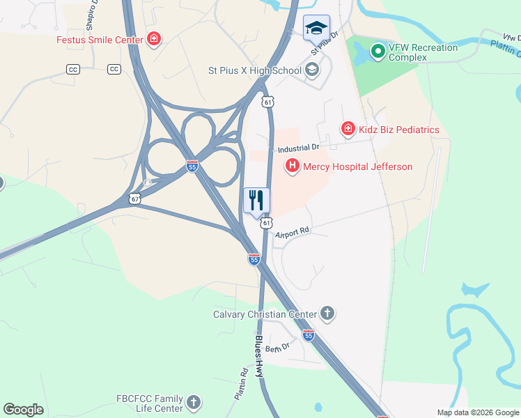 map of restaurants, bars, coffee shops, grocery stores, and more near 1479 U.S. 61 in Festus