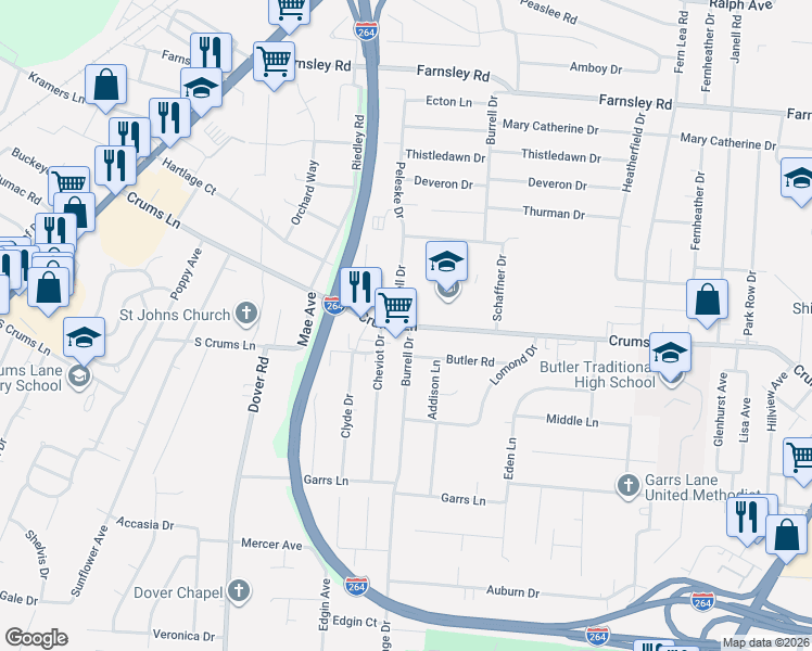map of restaurants, bars, coffee shops, grocery stores, and more near 2715 Butler Road in Louisville