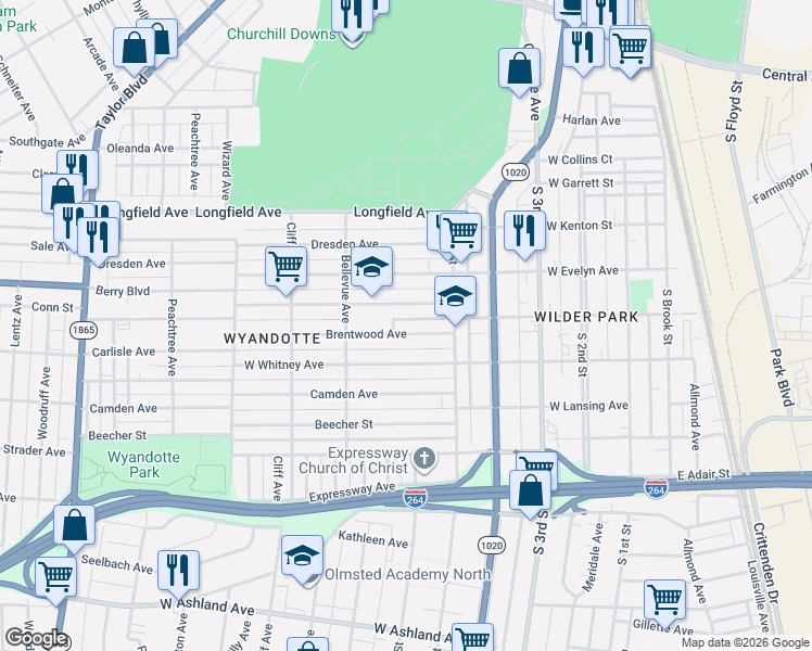 map of restaurants, bars, coffee shops, grocery stores, and more near 528 Brentwood Avenue in Louisville