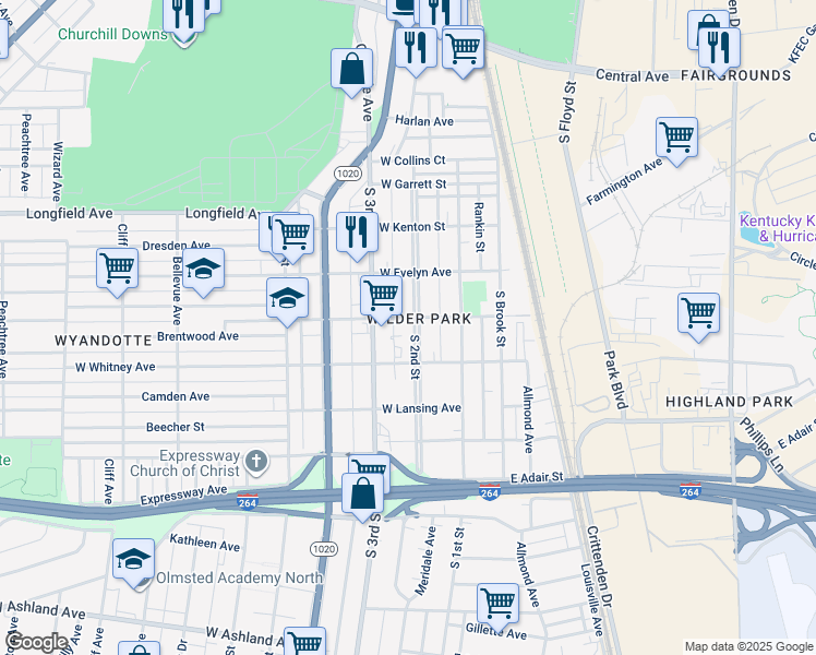 map of restaurants, bars, coffee shops, grocery stores, and more near 4206R South 2nd Street in Louisville