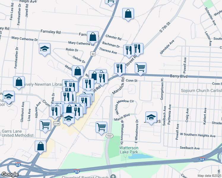 map of restaurants, bars, coffee shops, grocery stores, and more near 3628 Elderwood Way in Louisville